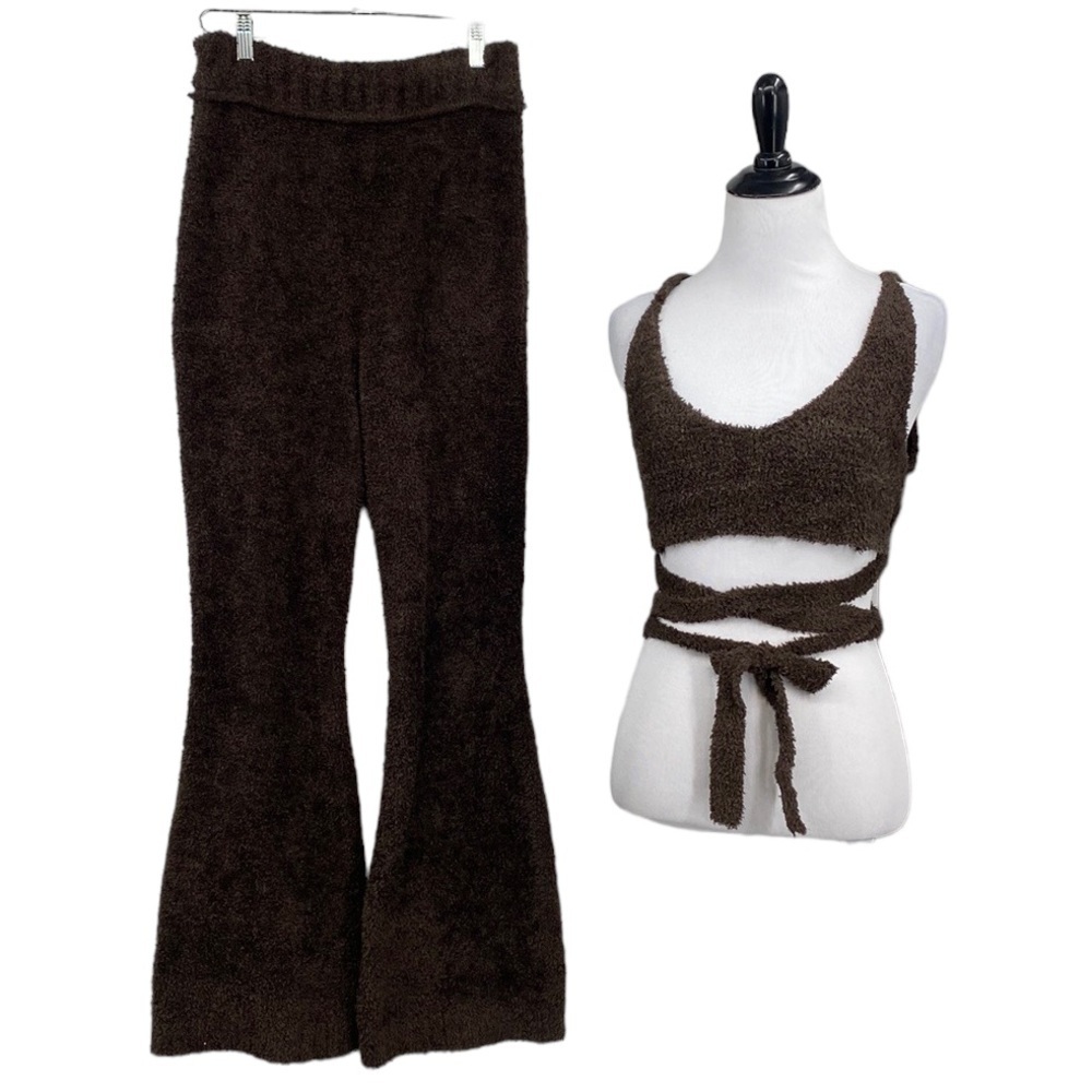 Out From Under Crop Top Flare Pant Set Womens Small Medium Brown Teddy‎ Faux Fur